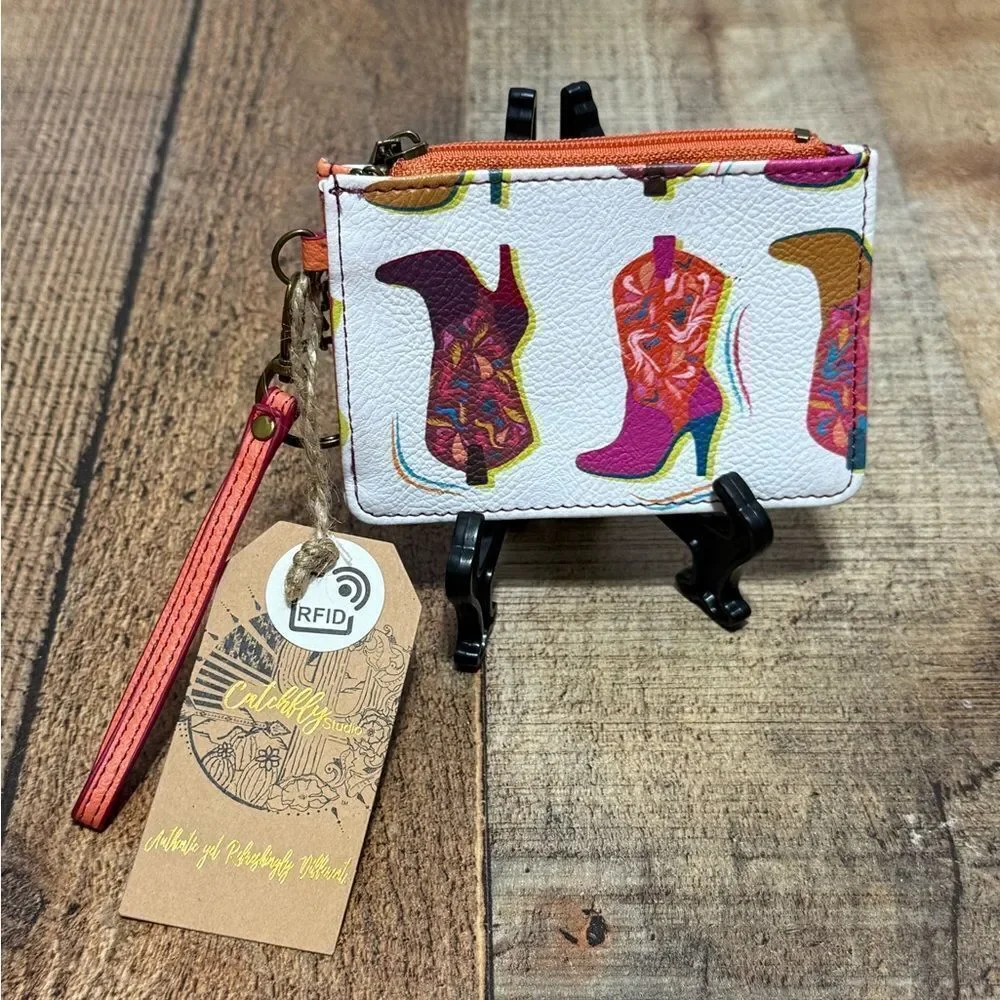 CatchFly White/Pink Vintage Boots Print Mini Wallet with Wristlet rfid cavenders